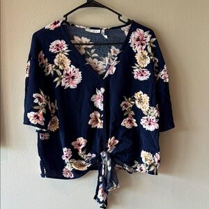 Blue and Pink 3/4 Sleeve Tie Front Blouse